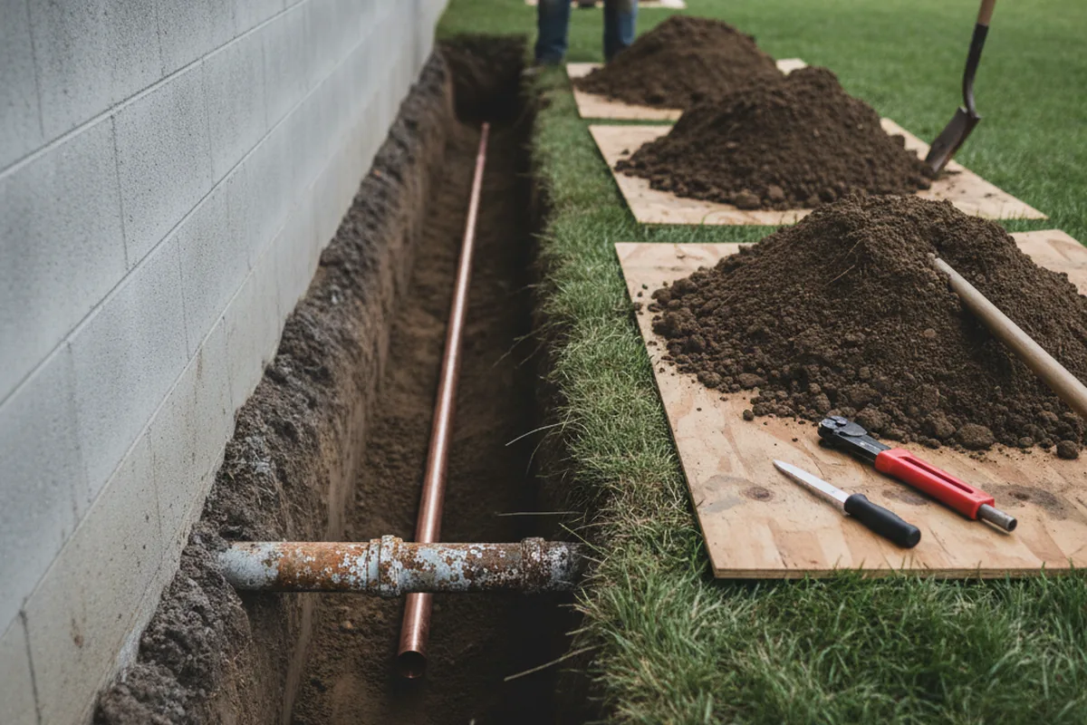 Excavated water line trench during Water Softener Installation in Blackshear